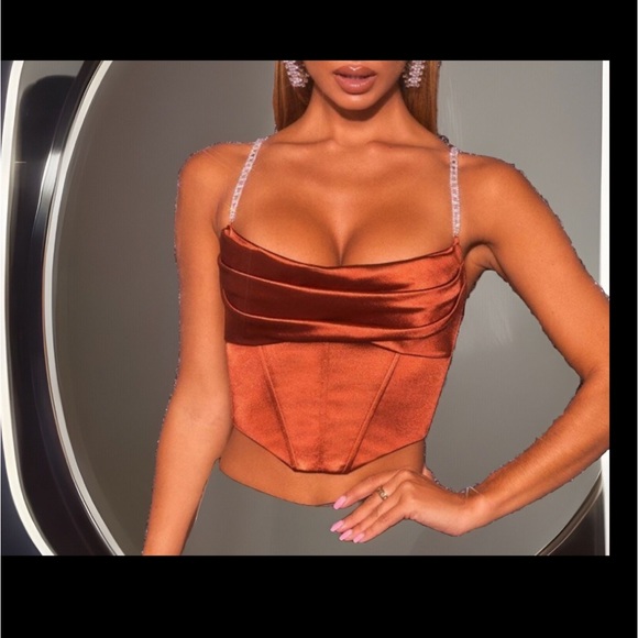 Unique Brown Sugar Front Drape Asymmetrical Bustier Corset W/Diamond On Strap - Picture 8 of 9